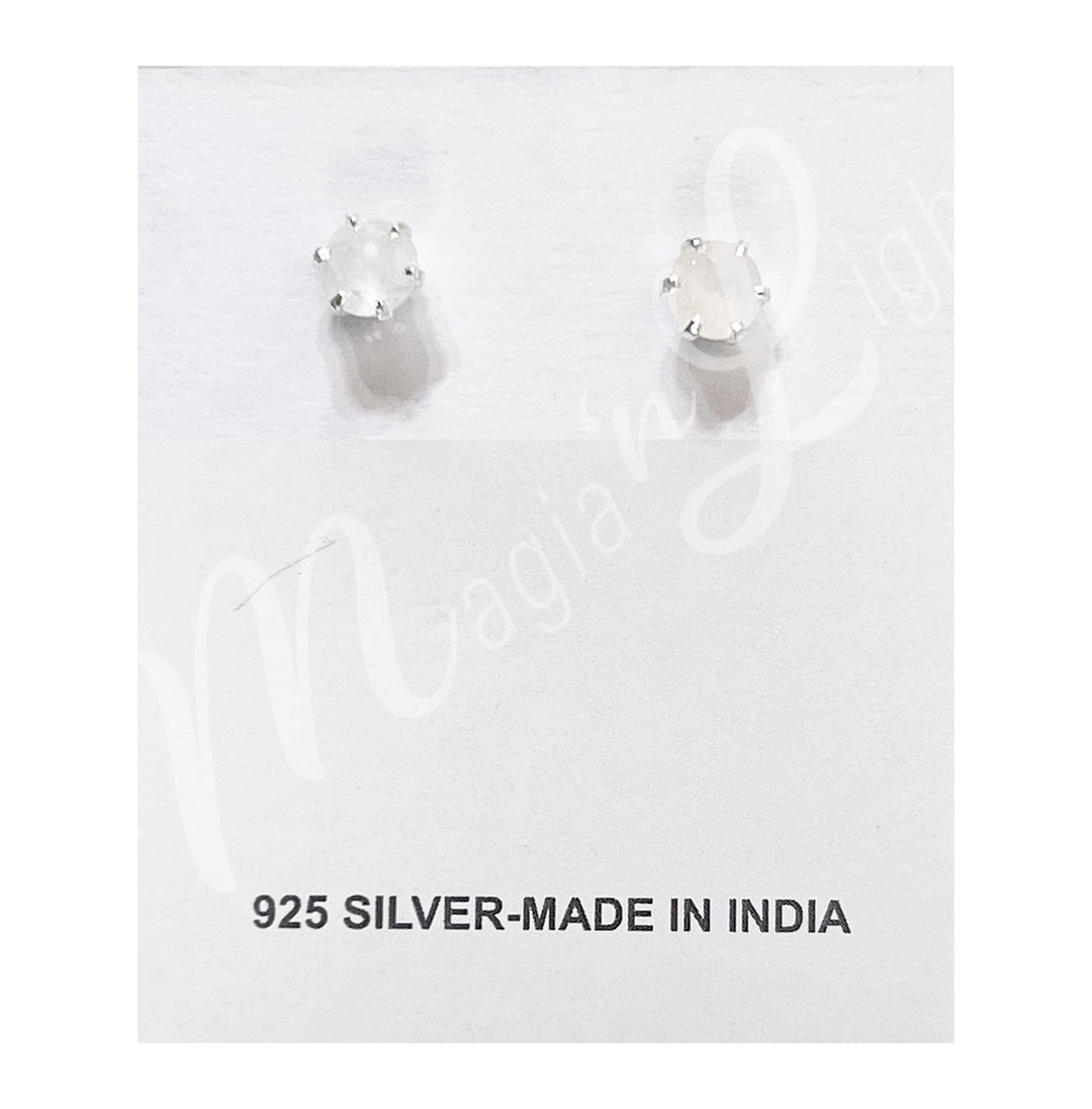 Pendientes de Plata Esterlina con Piedra Lunar Arcoíris Redonda y Facetada 0,20"diá.