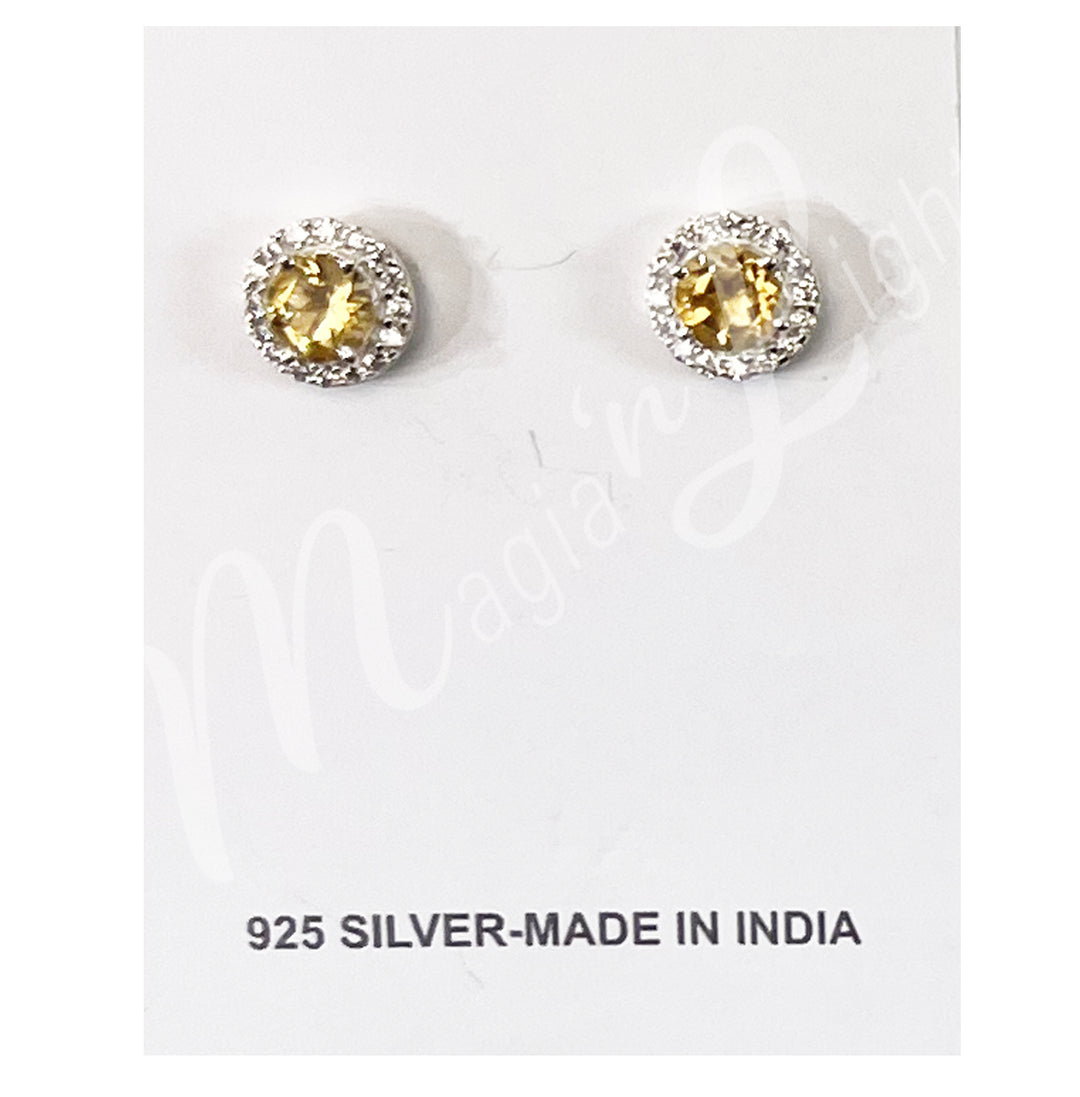 Pendientes de Plata Esterlina con Citrina Facetado Redondo y Circonitas 0,35"diá.