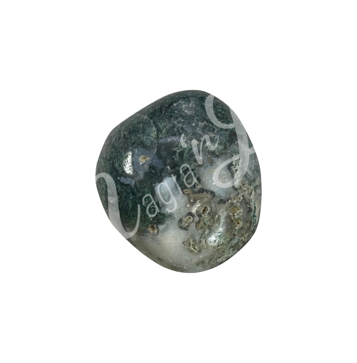 Polished tumbled stone with shades of dark green and gray, showing natural patterns and a glossy surface.