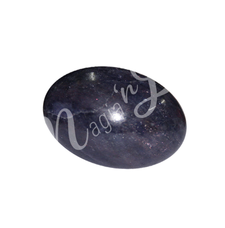 A polished dark purple tumbled stone.