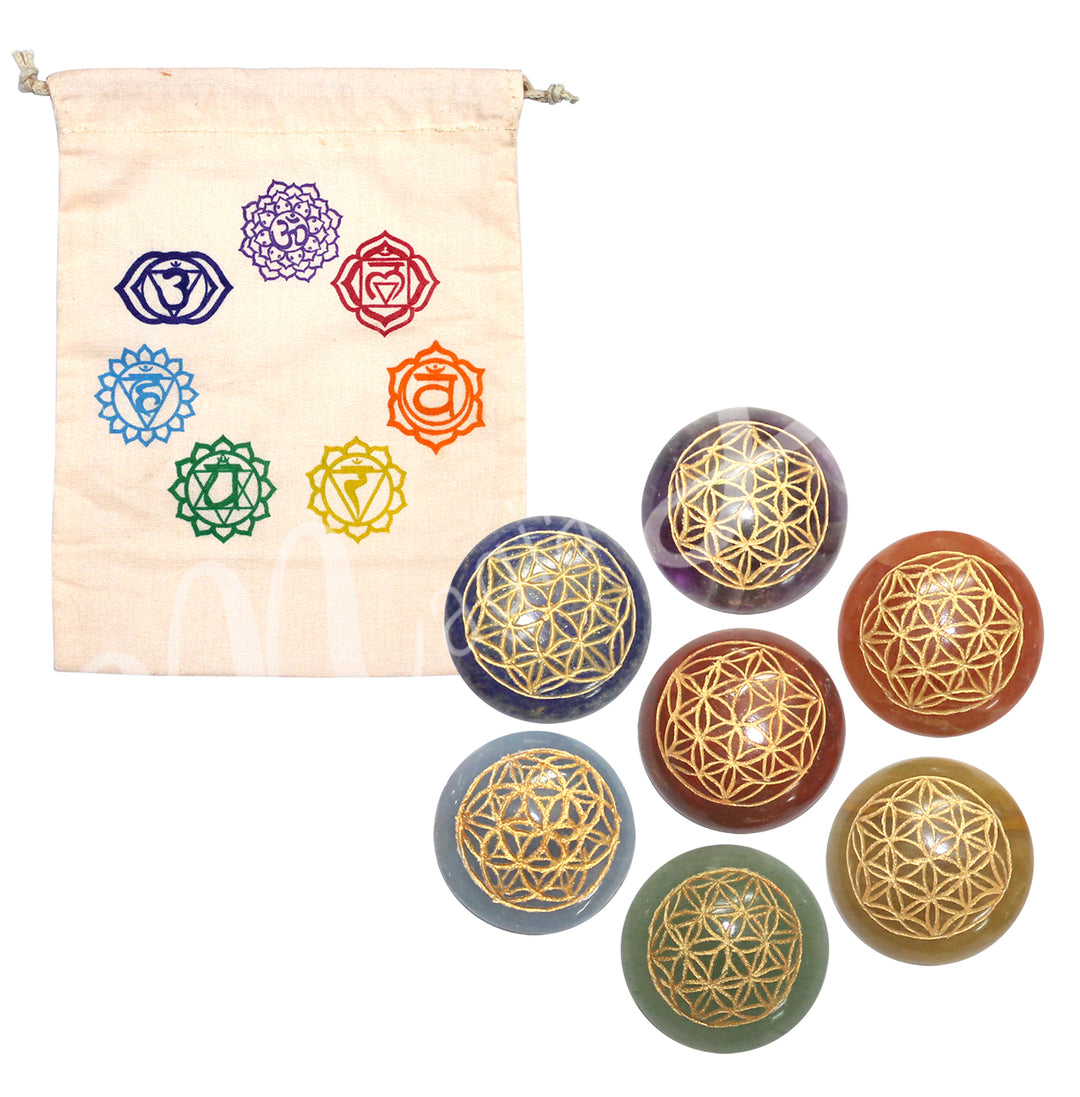 Pebble Chakra Flower of Life Engraved (Set of 7) 1"