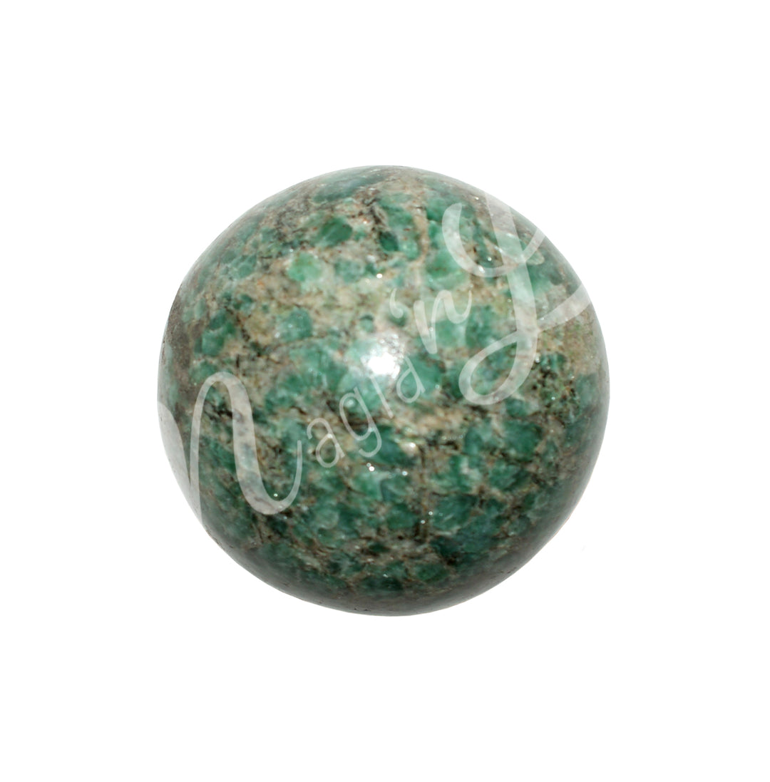 A sphere made of green aventurine with quartz.