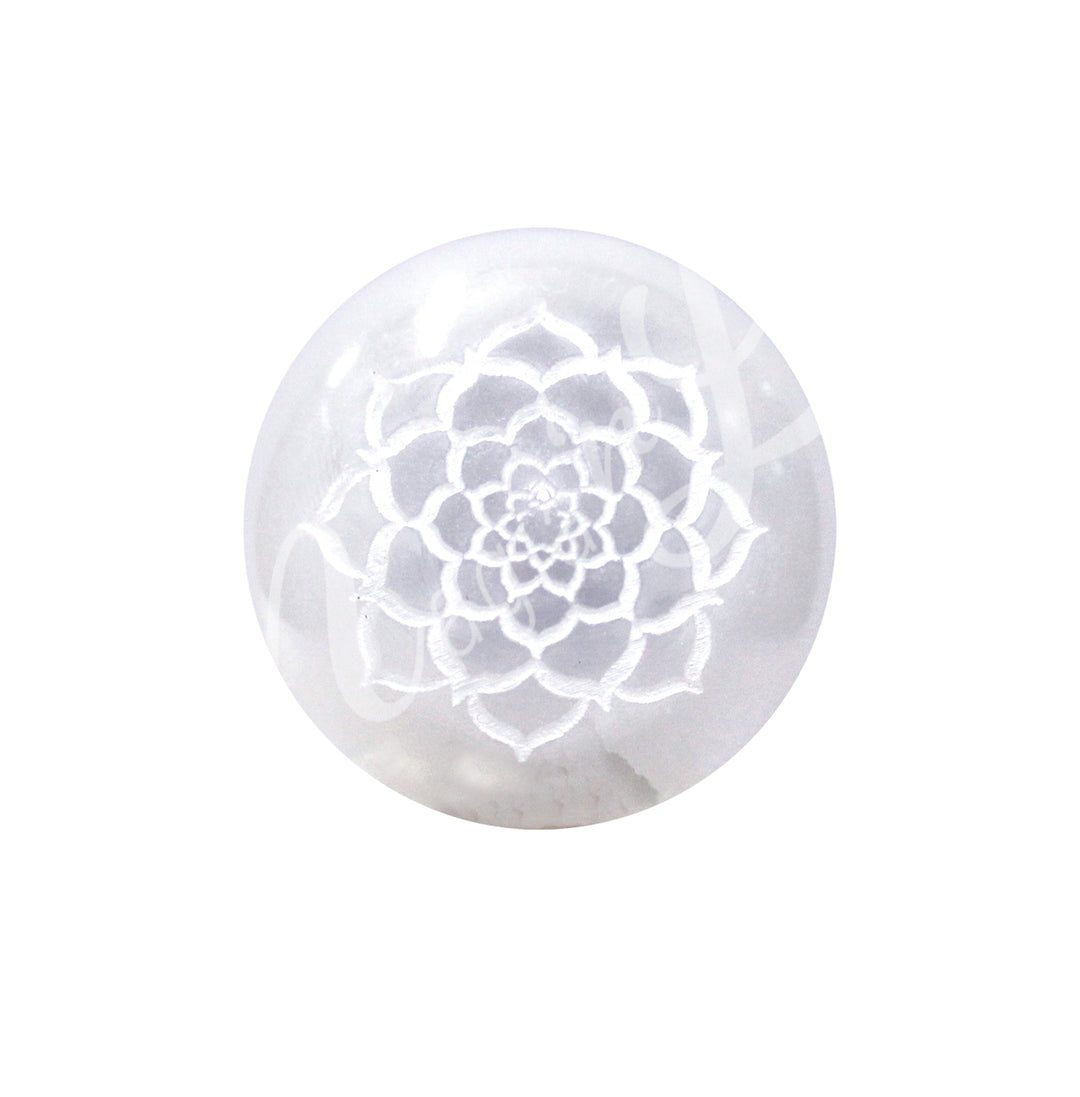 Sphere Selenite Engraved Lotus 2"