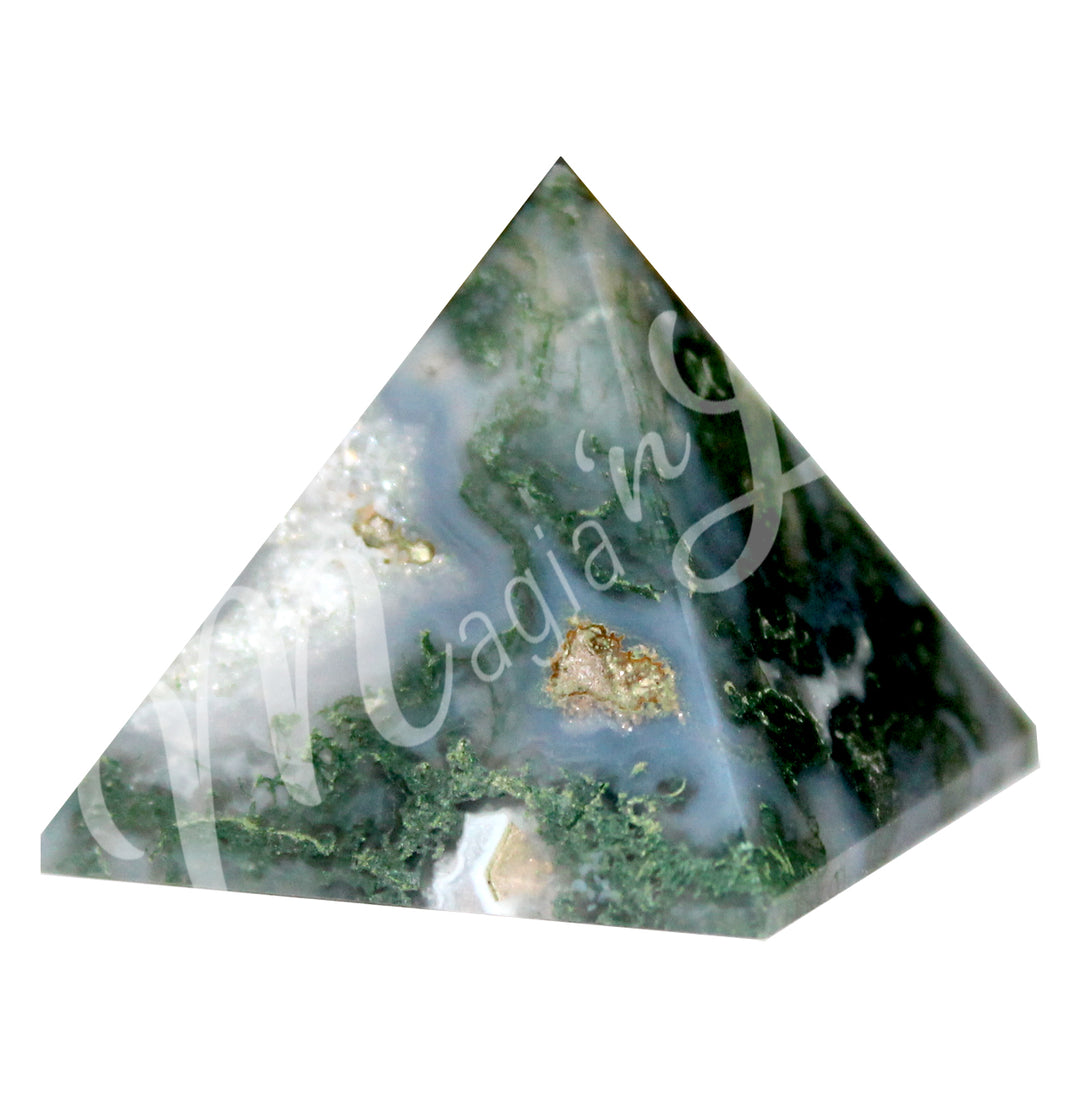 A four side pyramid made of Green Moss Agate.