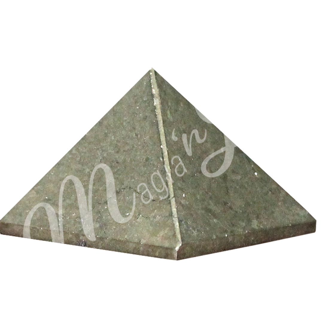 A four side pyramid made of Pyrite.