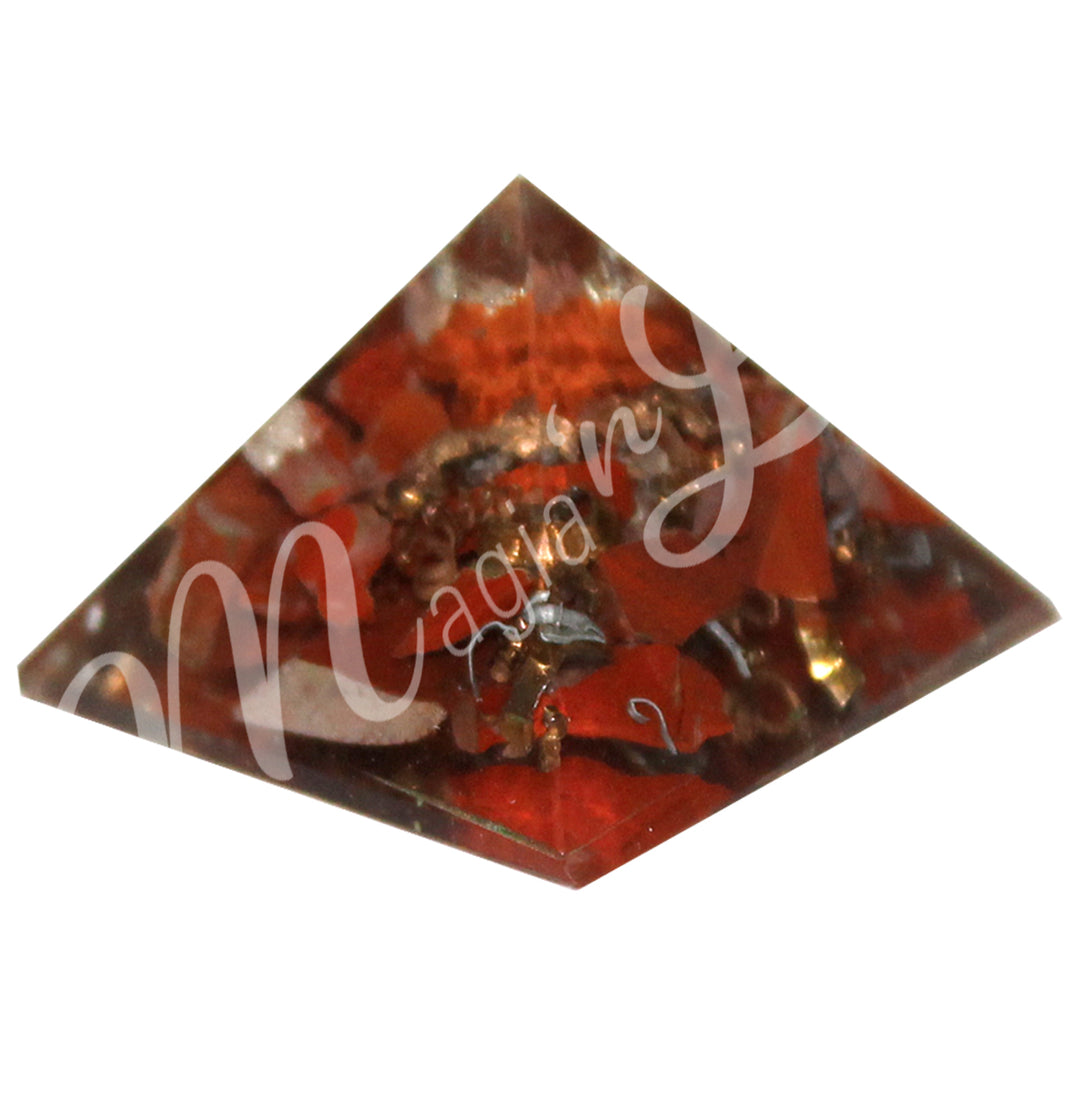 A four side pyramid made of Red Jasper in Orgone.
