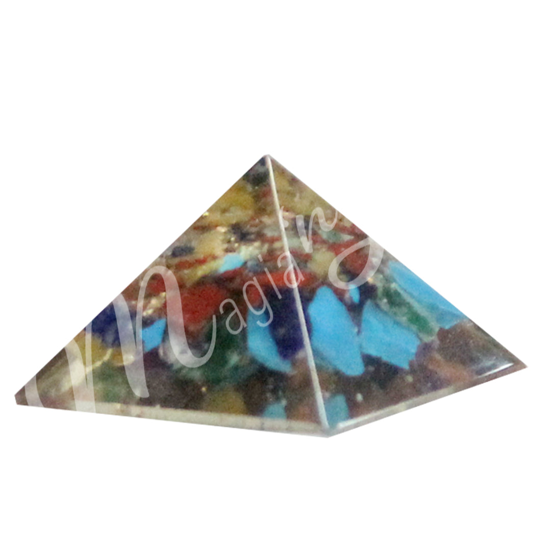 Mixed chip stones in clear resin, shaped into a four side pyramid.