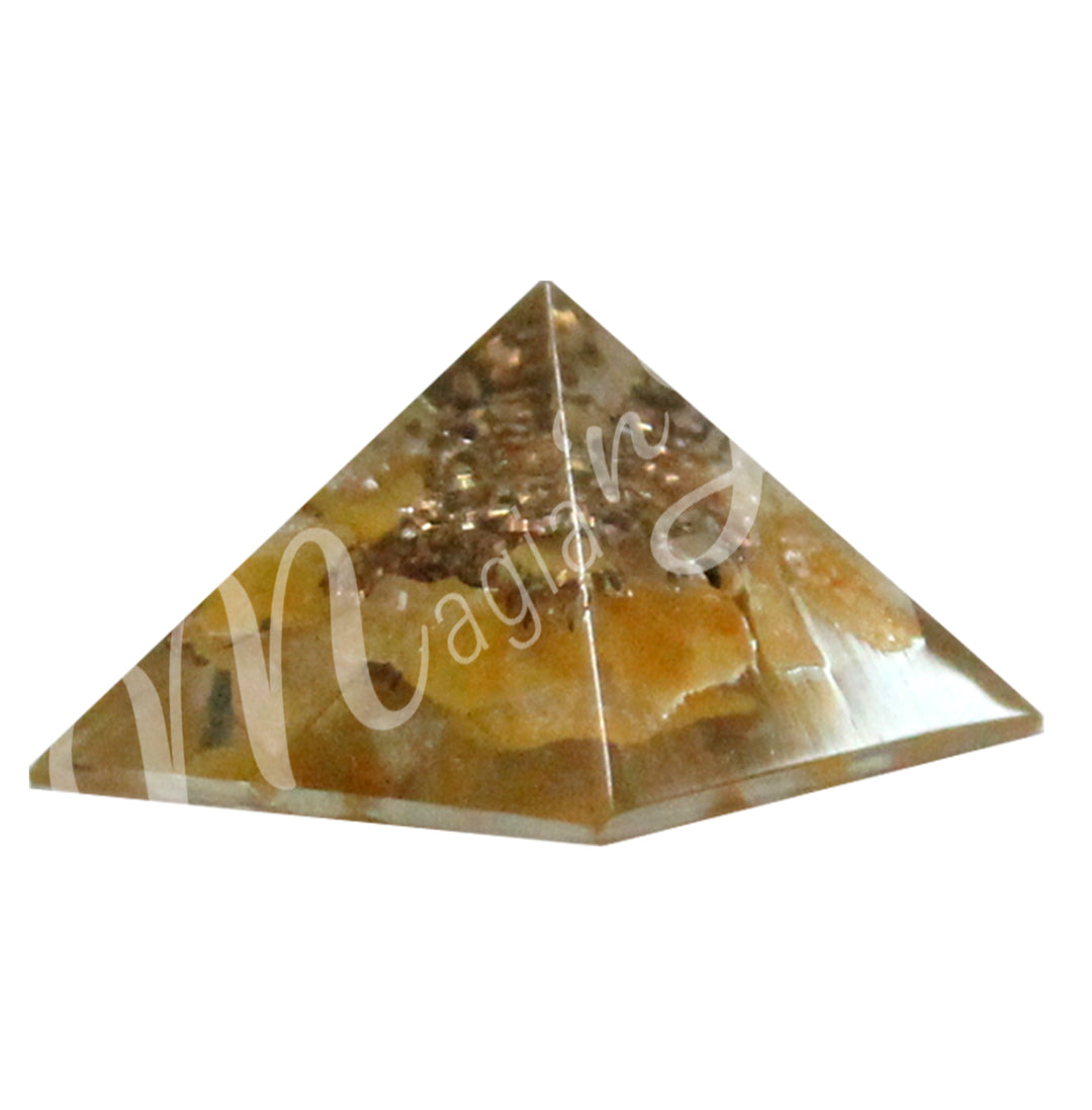 A four side pyramid made of Yellow Agate in Orgone.