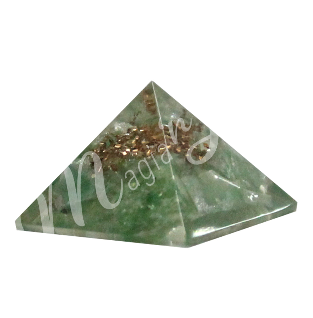 A four side pyramid made of Green Aventurine in Orgone.