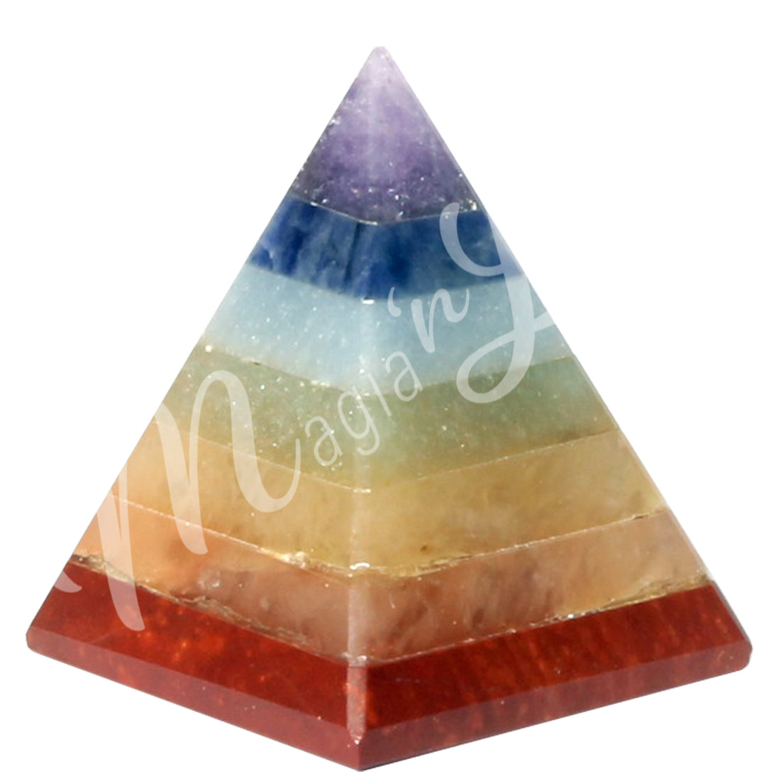 A four side pyramid made of seven different layers of stone to showcase the chakras.