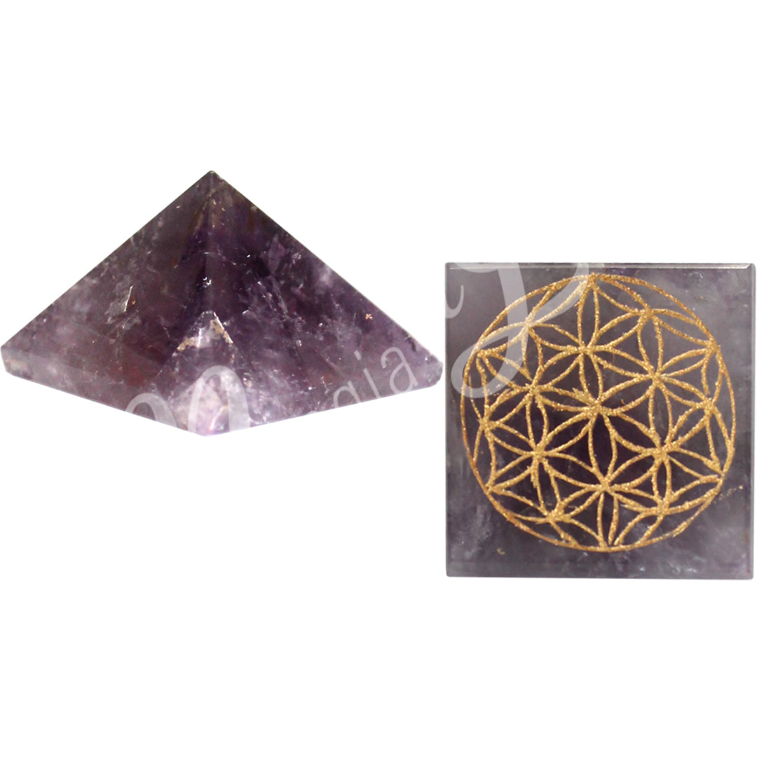 On the left: a four side amethyst pyramid, in different shades of purple.
On the right: the bottom of the pyramid with a gold flower of life design.