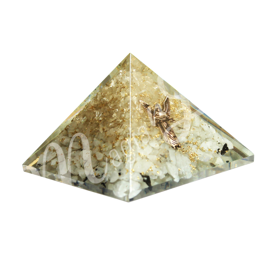 A four side pyramid made ofRainbow Moonstone in Orgone, featuring the Archangel Gabriel on one side.