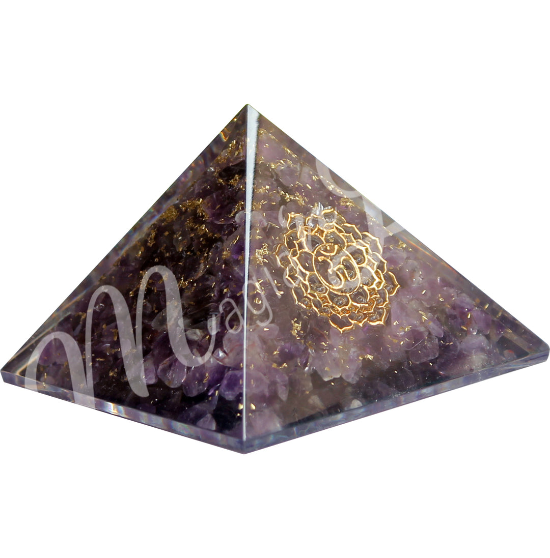 A four side pyramid made of Amethyst in Orgone, featuring the crown chakra symbol on one side.