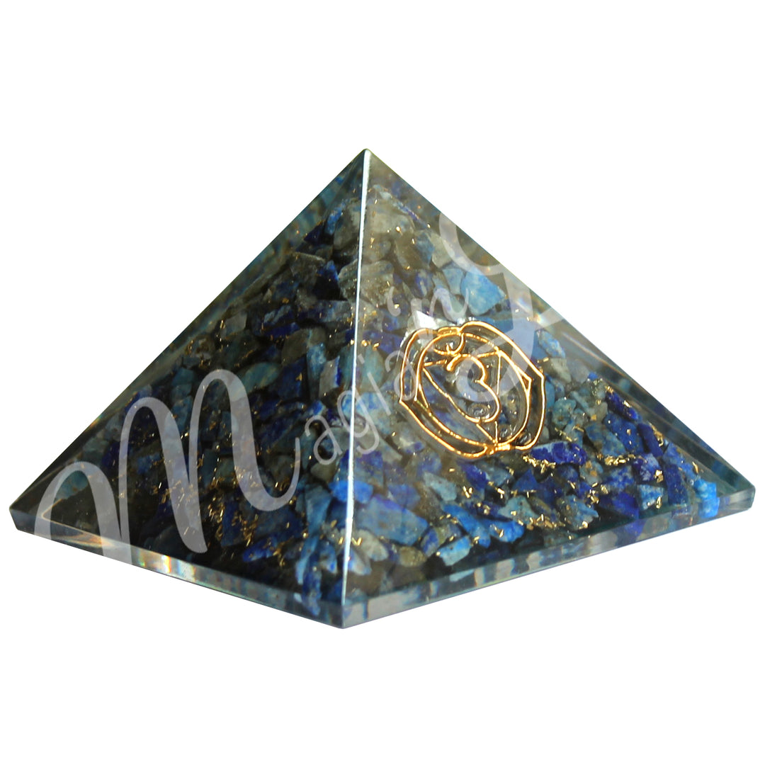 A four side pyramid made ofSodalite in Orgone, featuring the third eye chakra symbol on one side.