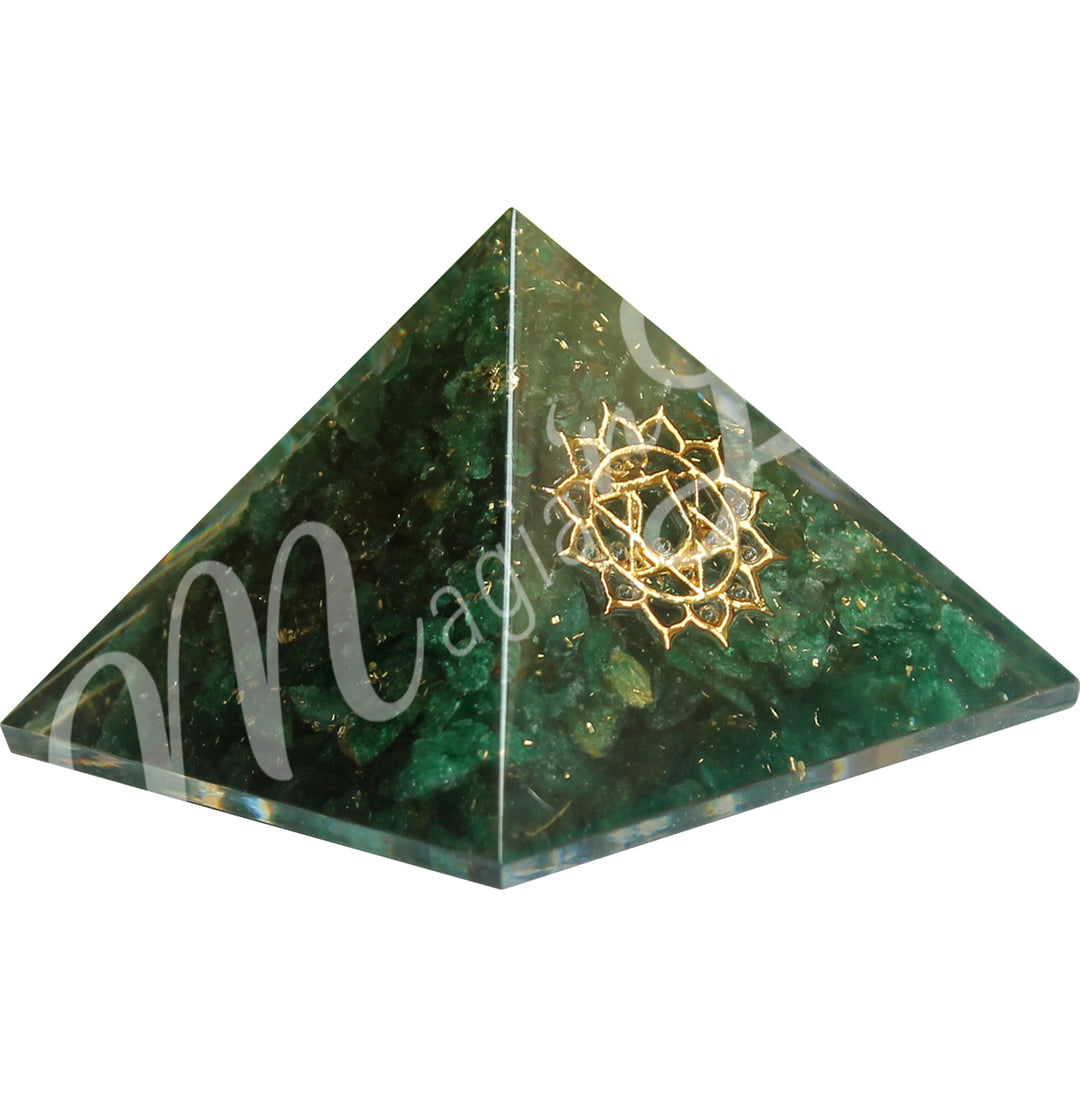 A four side pyramid made of Green Aventurine in Orgone, featuring the heart chakra symbol on one side.