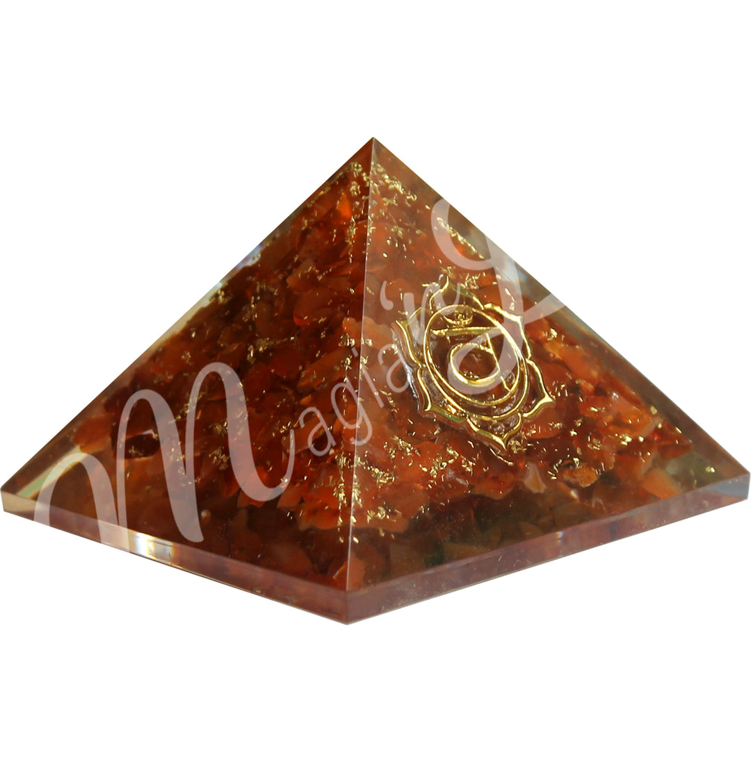 A four side pyramid made of Red Jasper in Orgone, featuring the root chakra symbol on one side.