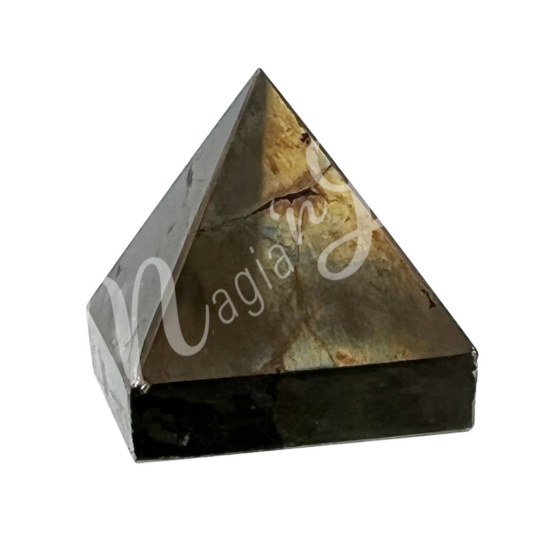 A four side pyramid made of Pyrite with Black Magnetite.