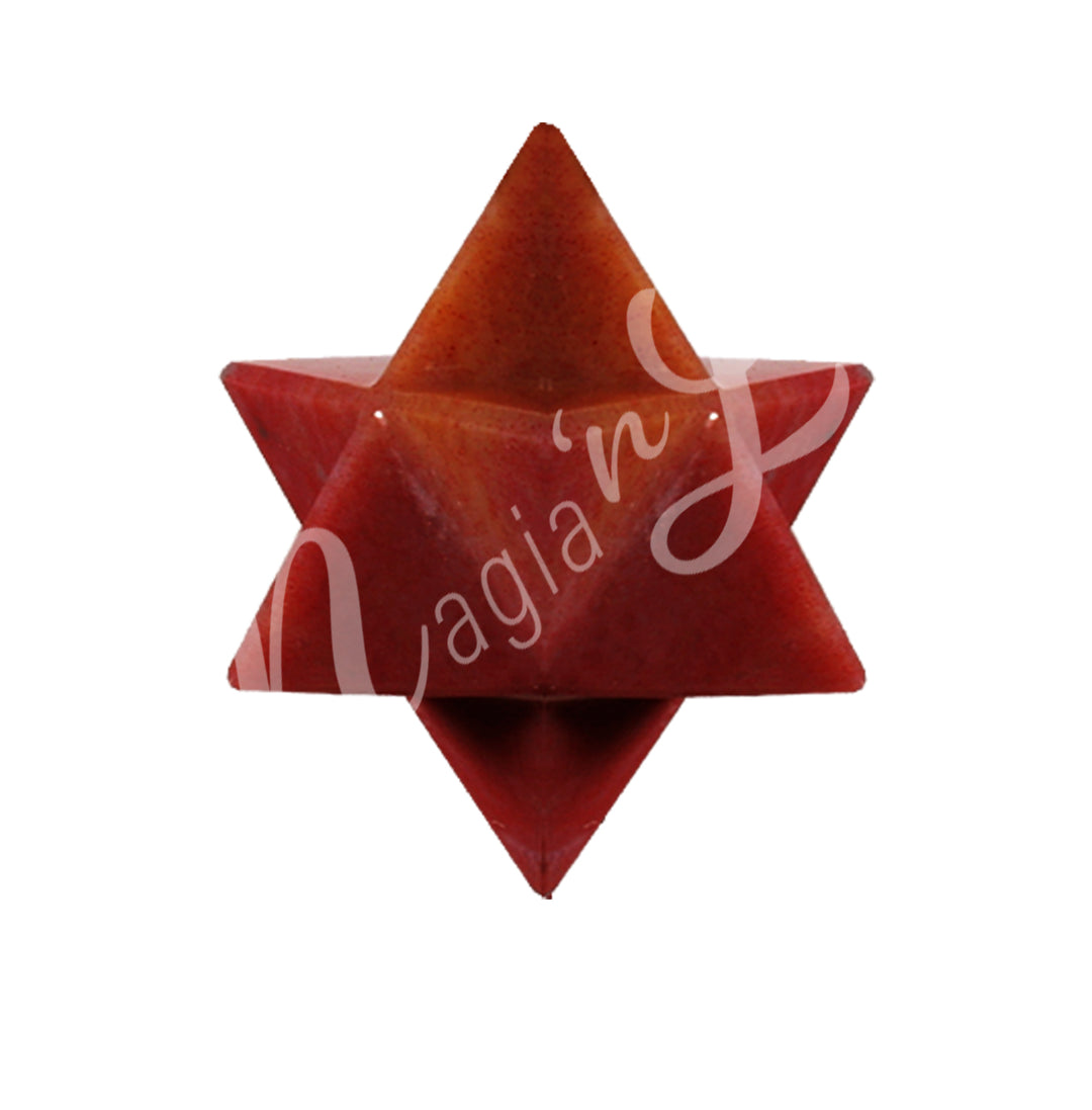 A Red Jasper stone carved into a Merkaba star shape with smooth, polished surfaces.