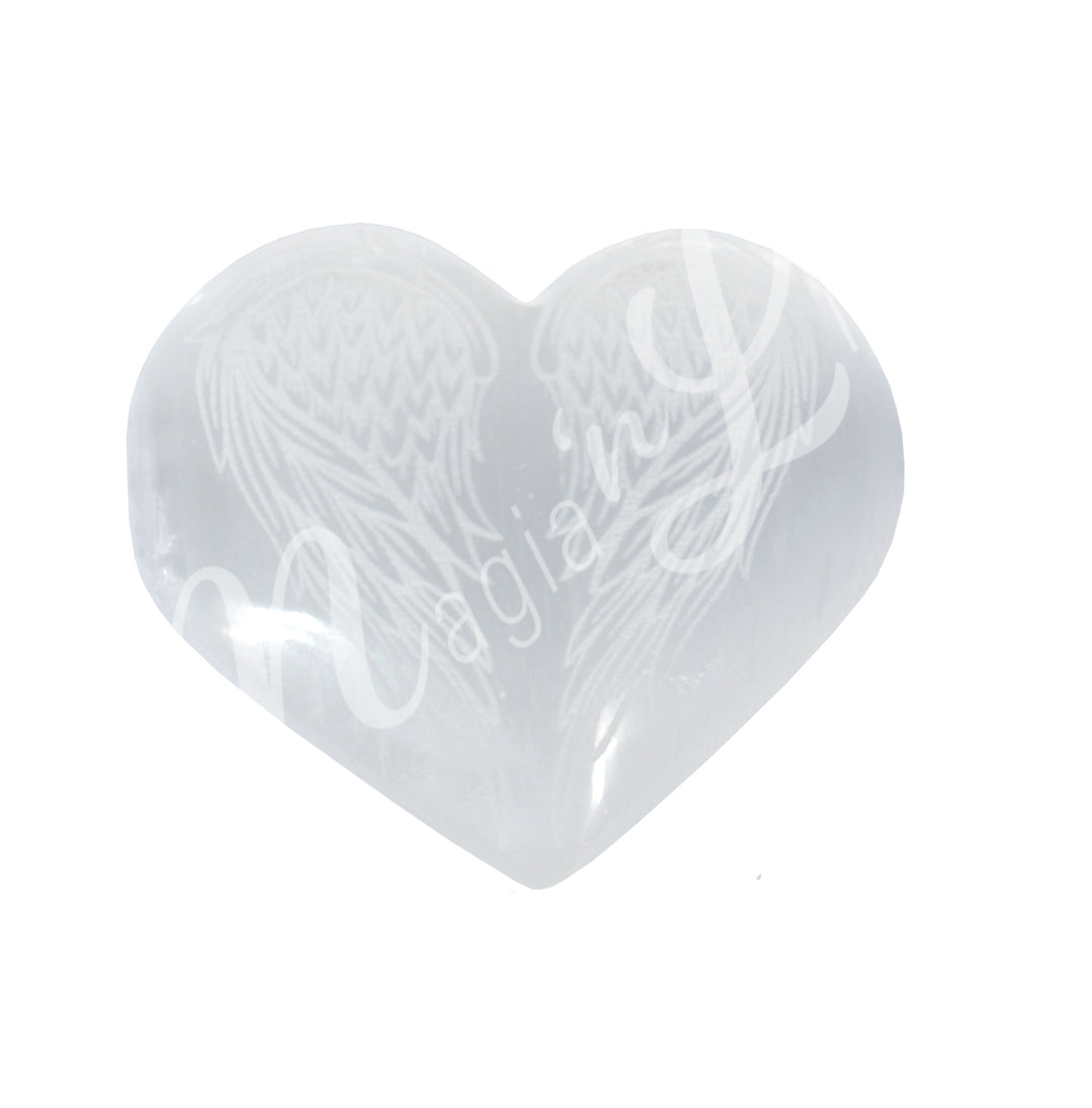 An heart-shaped Selenite crystal engraved with angel wings symbol.