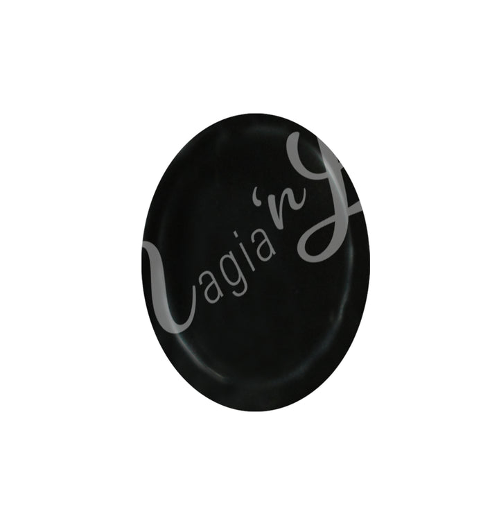 A polished black stone, featuring a smooth, oval shape and natural color variations and patterns.
