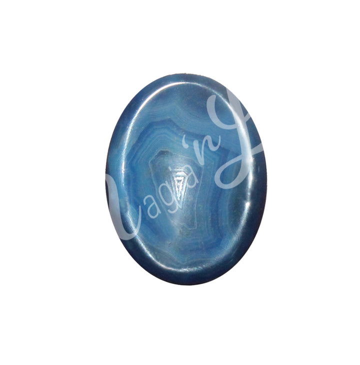 A polished blue stone with layers in varying shades of blue, featuring a smooth, oval shape and natural color variations and patterns.
