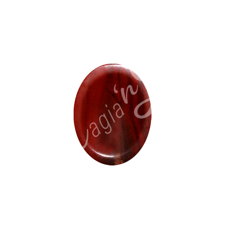 A polished red stone with dark red layers, featuring a smooth, oval shape and natural color variations and patterns.
