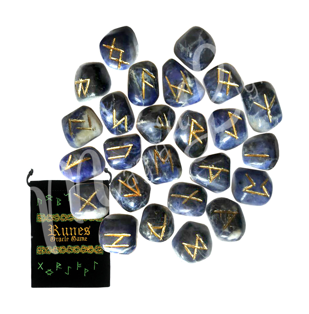A set of sodalite runestones with engraved and painted gold symbols, displayed with a black velvet pouch. The pouch is embroidered with the words "runes oracle game", as well as runic symbols.