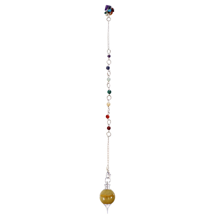 Silver pendulum with a yellow aventurine spherical stone and a pointed metal tip, suspended from a silver chain and chakra beads with chakra chips at the end.