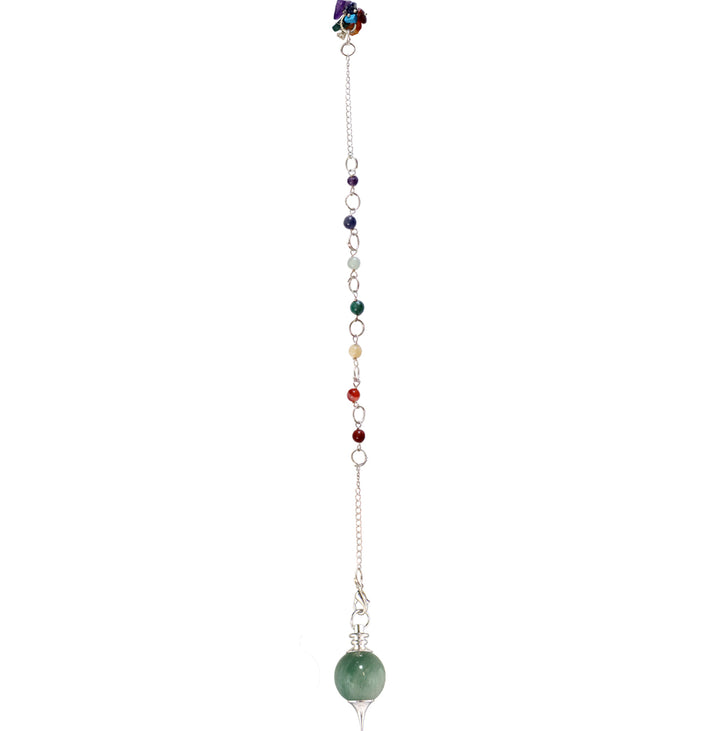 Silver pendulum with a green aventurine spherical stone and a pointed metal tip, suspended from a silver chain and chakra beads with chakra chips at the end.