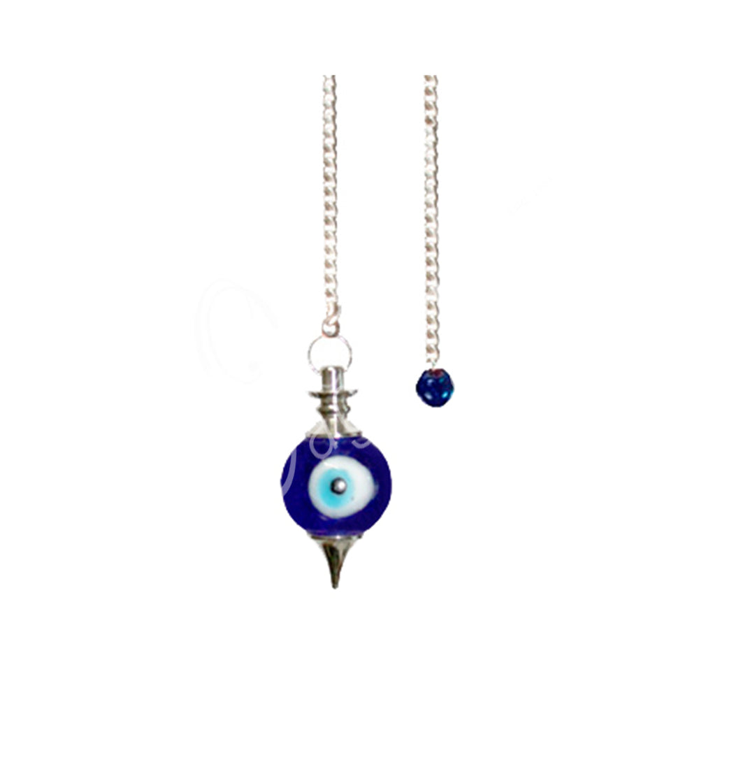 A pendulum with a blue glass bead designed to resemble an Evil Eye, attached to a plain silver chain.