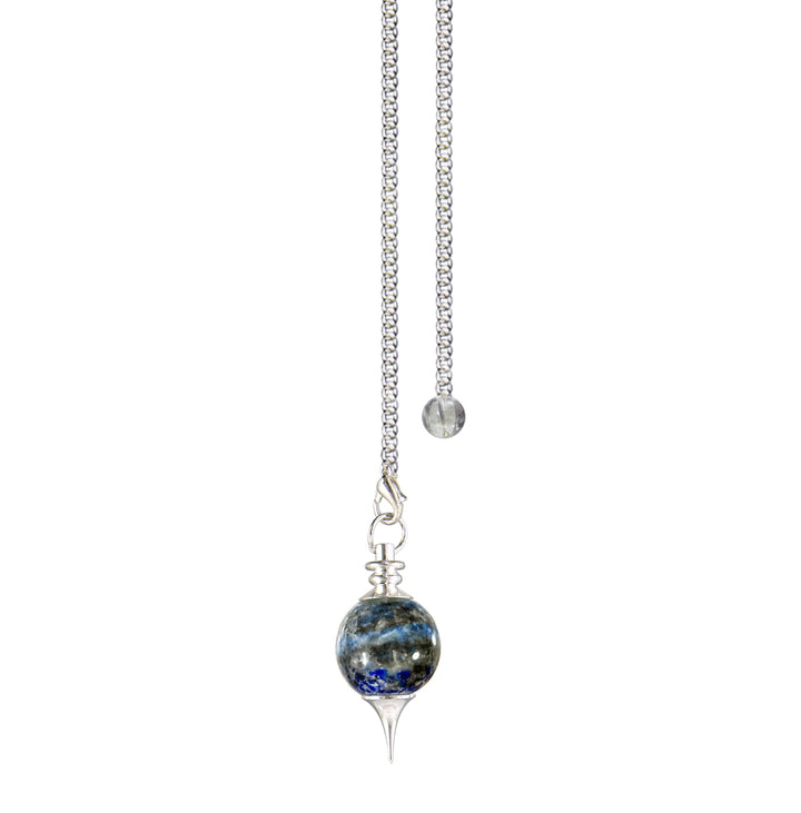 Silver pendulum with a lapis lazuli spherical stone and a pointed metal tip, suspended from a silver chain with a small clear bead at the end.