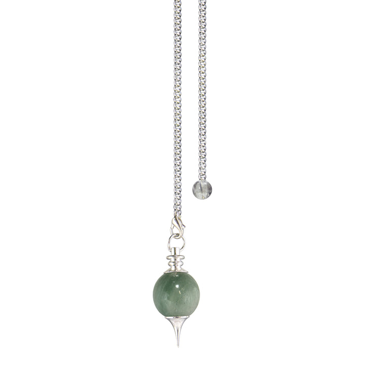 Silver pendulum with a green aventurine spherical stone and a pointed metal tip, suspended from a silver chain with a small clear bead at the end.