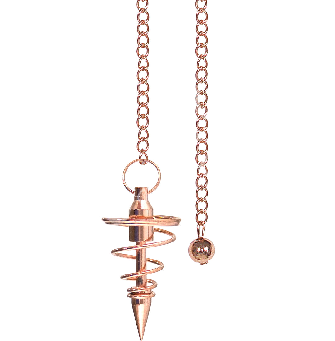 A copper pendulum with a spiral design and a plain chain.