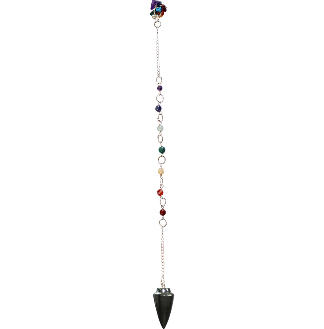A teardrop Hematite pendulum with a chakra chain.