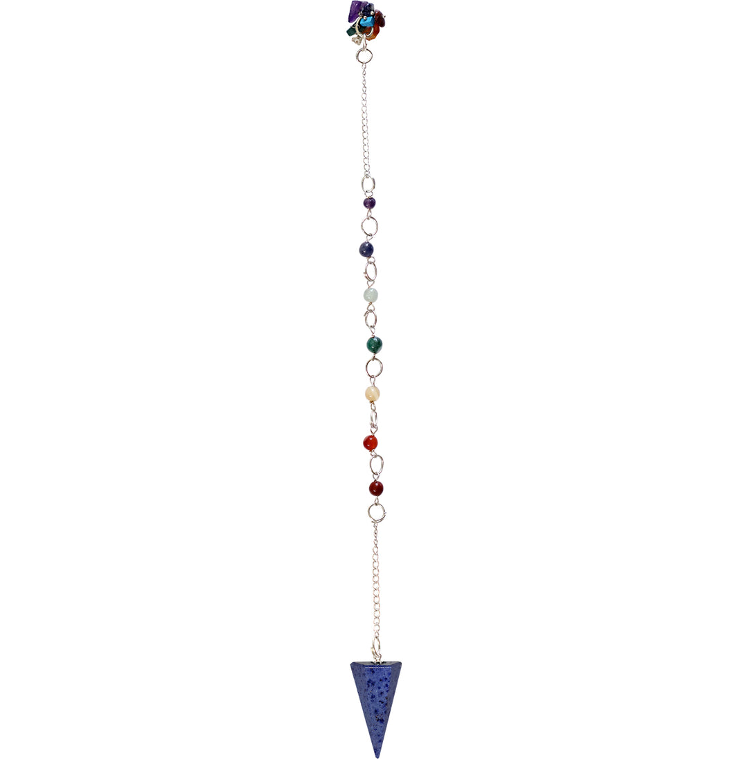 A hexagonal dumortierite pendulum with a chakra chain.