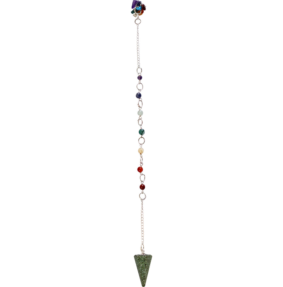 A green hexagonal pendulum made of Epidote with a chakras chain.