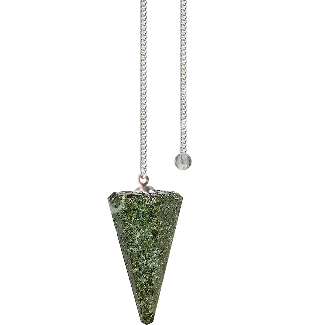 A hexagonal epidote pendulum with a plain silver chain.