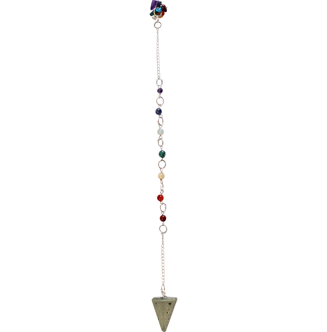 An hexagonal Pyrite pendulum with a chakra chain.