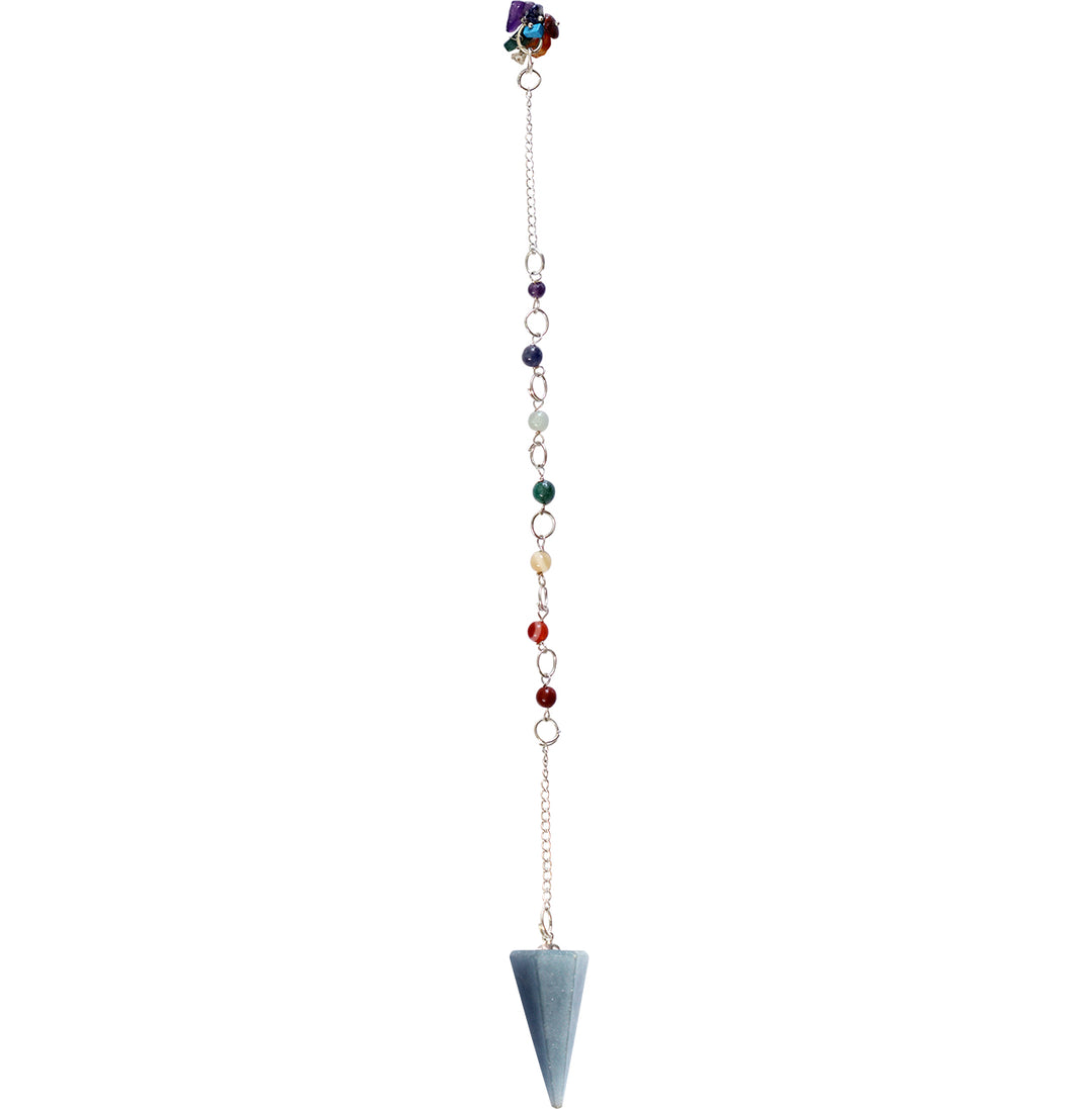 An hexagonal angelite pendulum with a chakra chain.