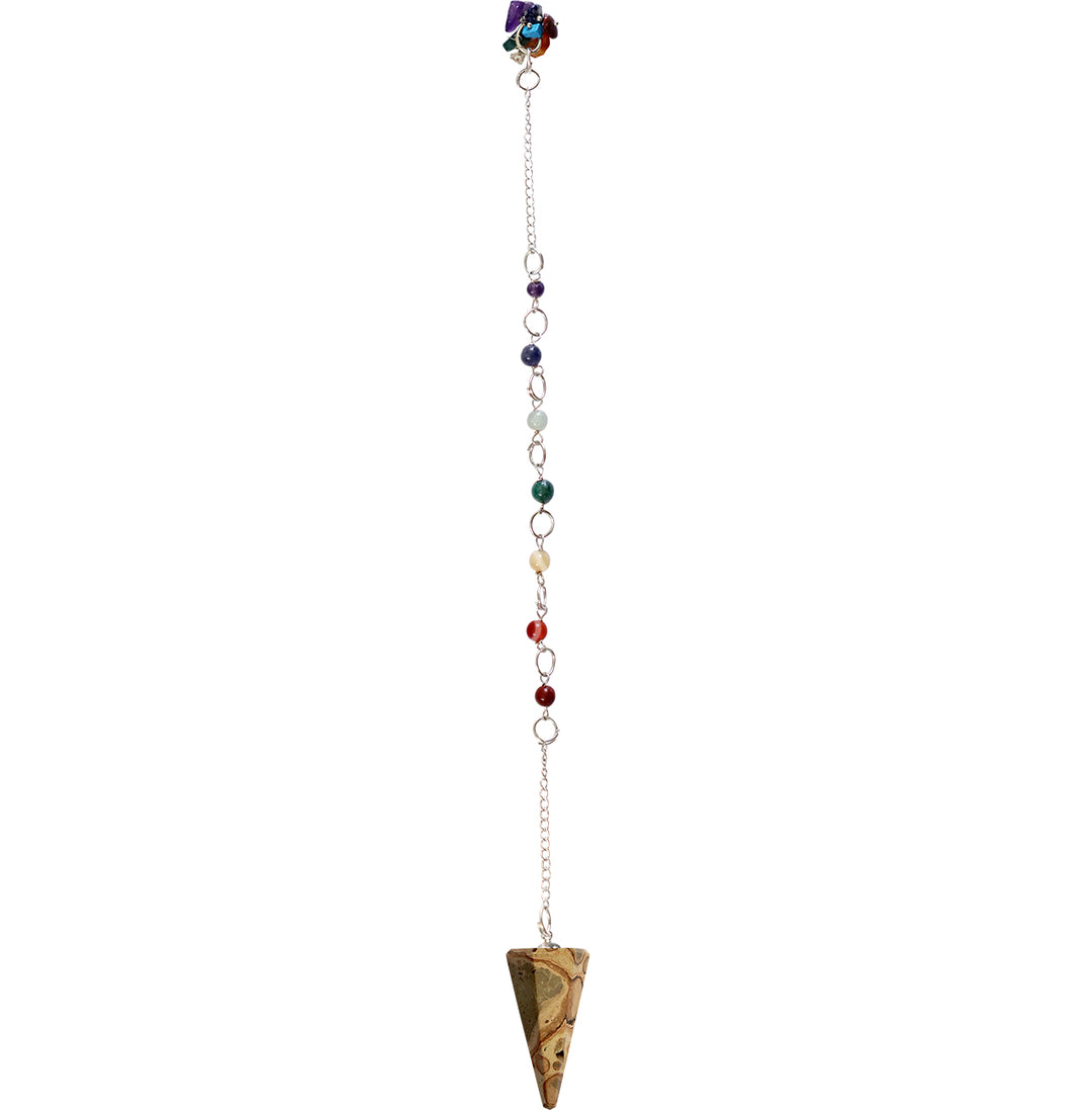 An hexagonal aragonite pendulum with a chain of chakra beads.
