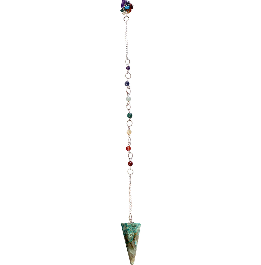 An hexagonal chrysocolla pendulum with a chakra chain.