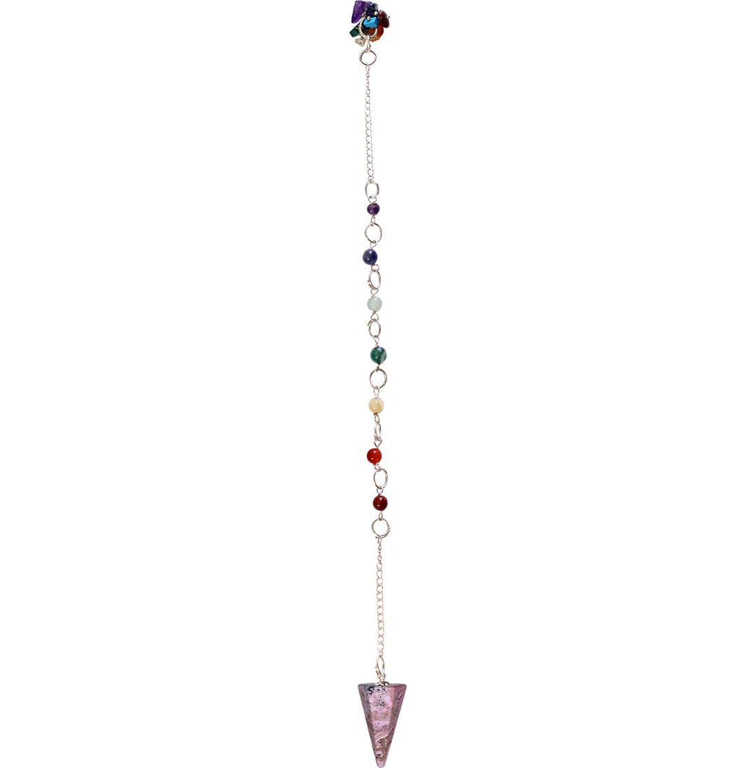A hexagonal rhodonite pendulum with a chakra chain.