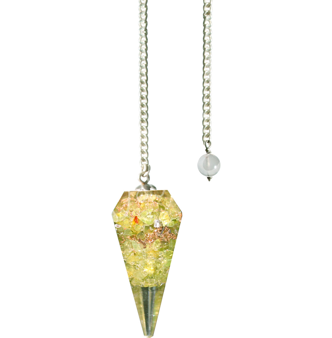 A hexagonal peridot pendulum with a silver chain.