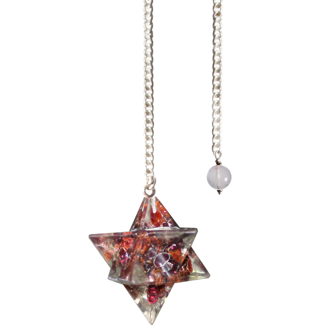 A merkaba shape pendulum with a metal chain.