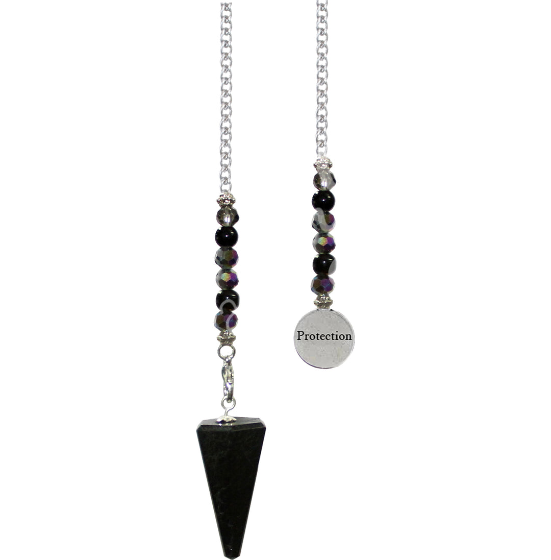 An hexagonal black tourmaline pendulum with a beaded chain and a charm of 'Protection'.