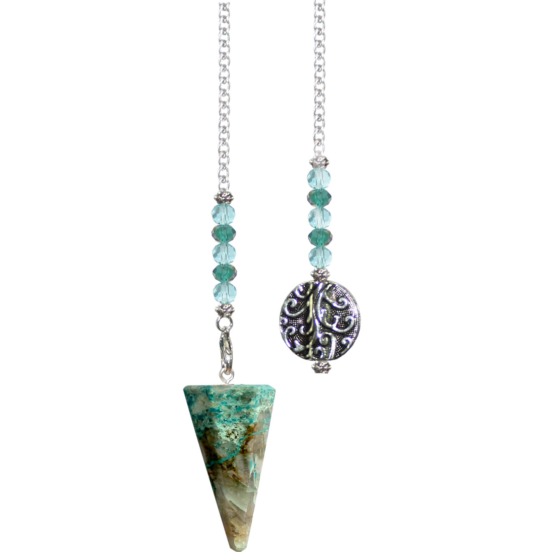 Pendulum Hexagonal Chrysocolla with Tree Medallion 11"L