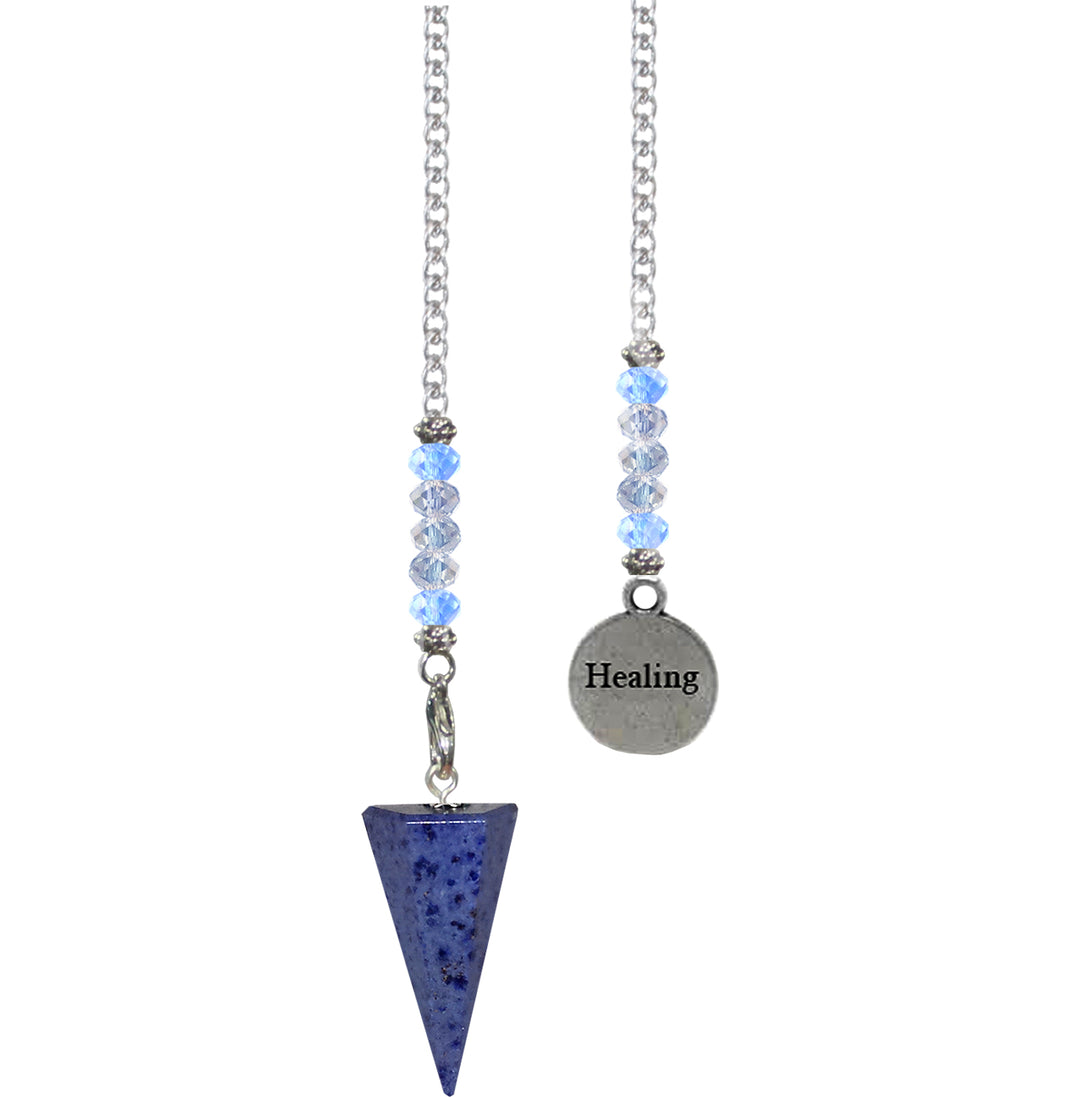 An hexagonal Dumortierite pendulum with a beaded chain and a 'Healing' medallion.