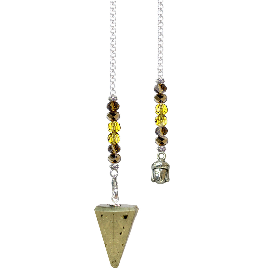 An hexagonal Pyrite pendulum with a chain and a Buddha charm at the end.