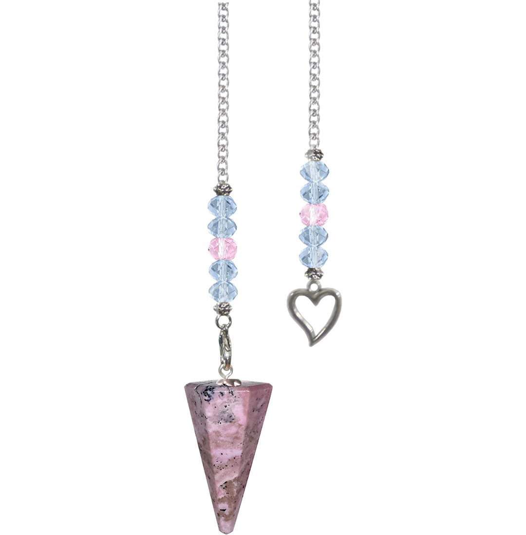 A hexagonal Rhodonite pendulum with a heart charm on a chain, decorated with faceted glass beads.