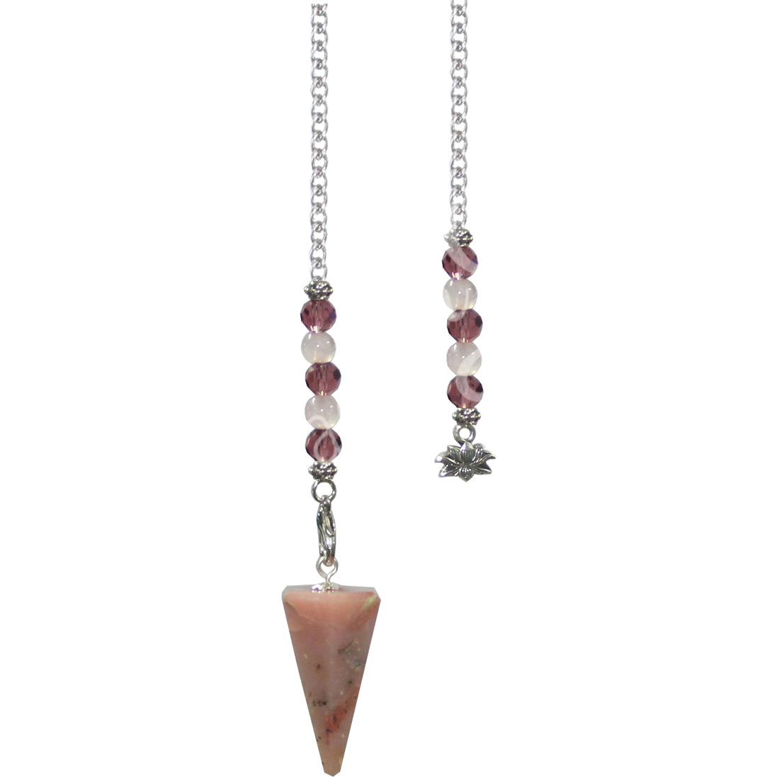 A hexagonal pink opal pendulum with a chain decorated with rose quartz beads and a lotus medallion at the end.